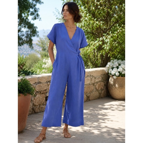 Adolfo Dominguez Pants - Adolfo Dominguez XL 100% Linen Wrap Jumpsuit Blue Wide Leg Tie Waist India Made